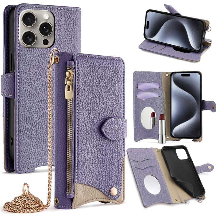 

For iPhone 16 Pro Crossbody Chain Fishtail Litchi Leather Phone Case(Purple)