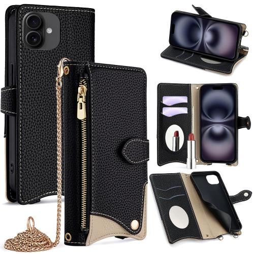 

For iPhone 16 Plus Crossbody Chain Fishtail Litchi Leather Phone Case(Black)