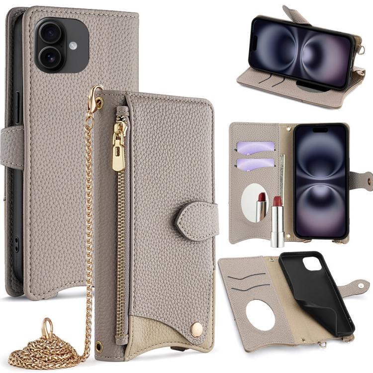 

For iPhone 16 Plus Crossbody Chain Fishtail Litchi Leather Phone Case(Grey)