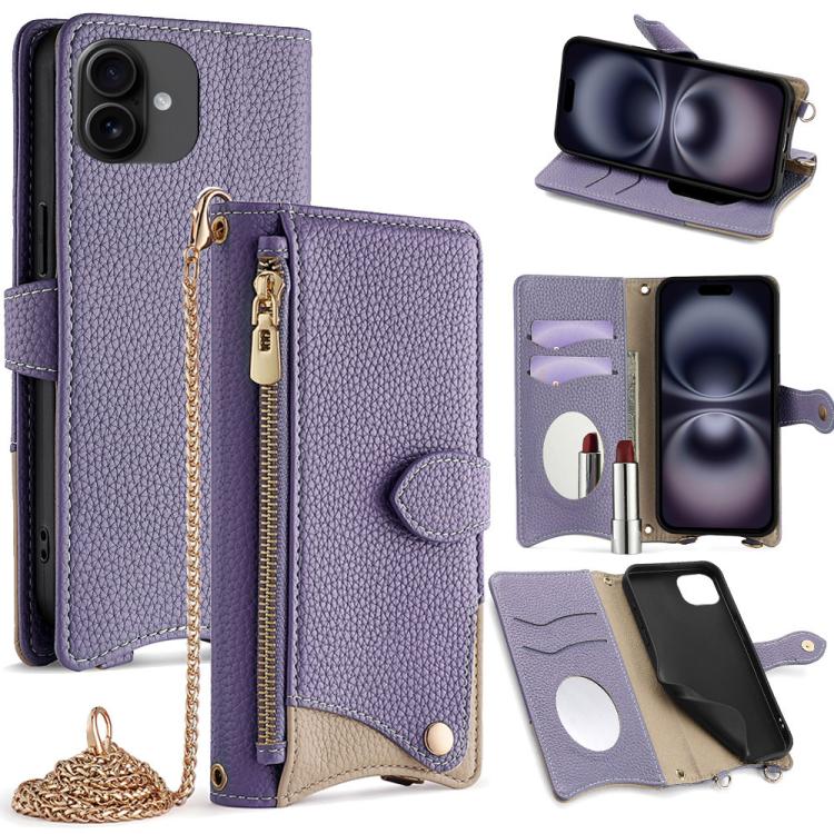 

For iPhone 16 Plus Crossbody Chain Fishtail Litchi Leather Phone Case(Purple)
