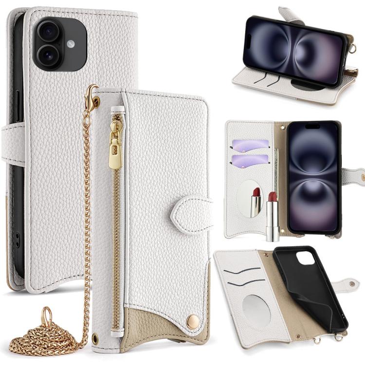 

For iPhone 16 Plus Crossbody Chain Fishtail Litchi Leather Phone Case(White)
