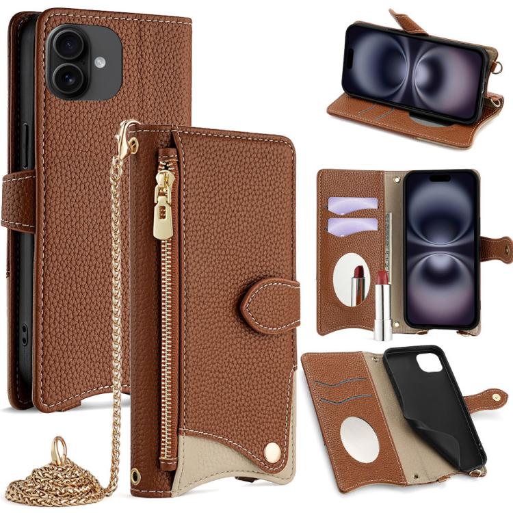 

For iPhone 16 Crossbody Chain Fishtail Litchi Leather Phone Case(Brown)