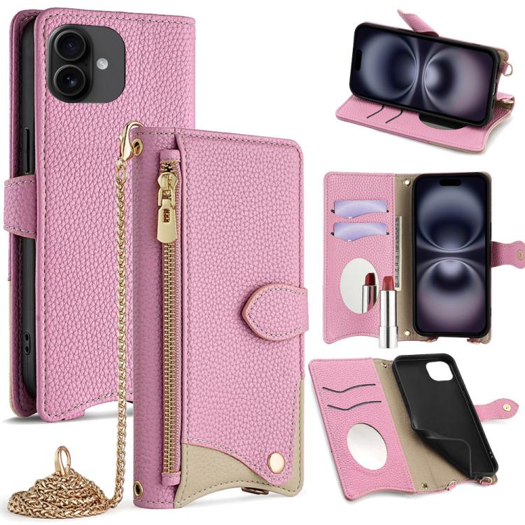 

For iPhone 16 Crossbody Chain Fishtail Litchi Leather Phone Case(Pink)