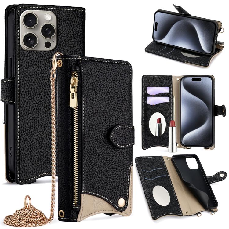 

For iPhone 15 Pro Crossbody Chain Fishtail Litchi Leather Phone Case(Black)