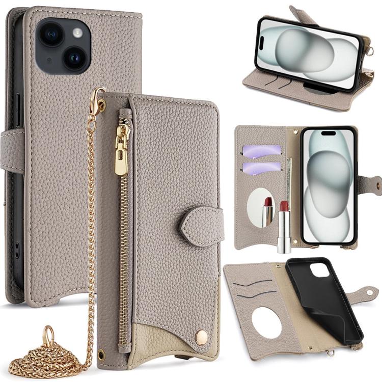 

For iPhone 15 Plus Crossbody Chain Fishtail Litchi Leather Phone Case(Grey)