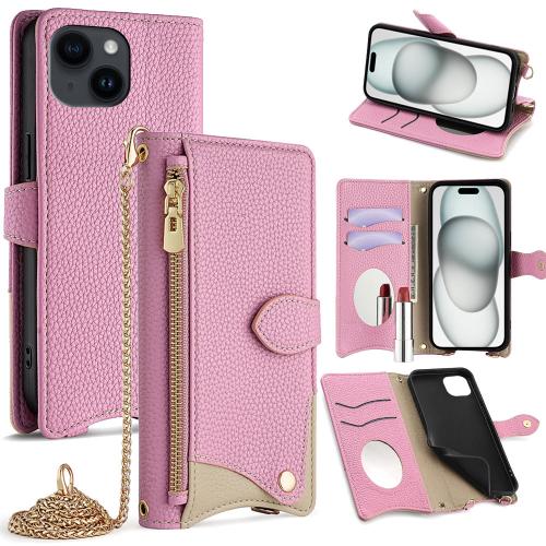 

For iPhone 15 Plus Crossbody Chain Fishtail Litchi Leather Phone Case(Pink)