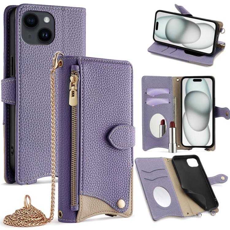 

For iPhone 15 Crossbody Chain Fishtail Litchi Leather Phone Case(Purple)