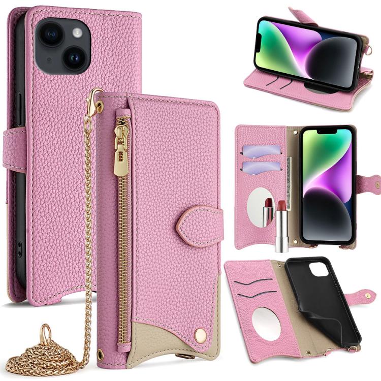 

For iPhone 14 Plus Crossbody Chain Fishtail Litchi Leather Phone Case(Pink)
