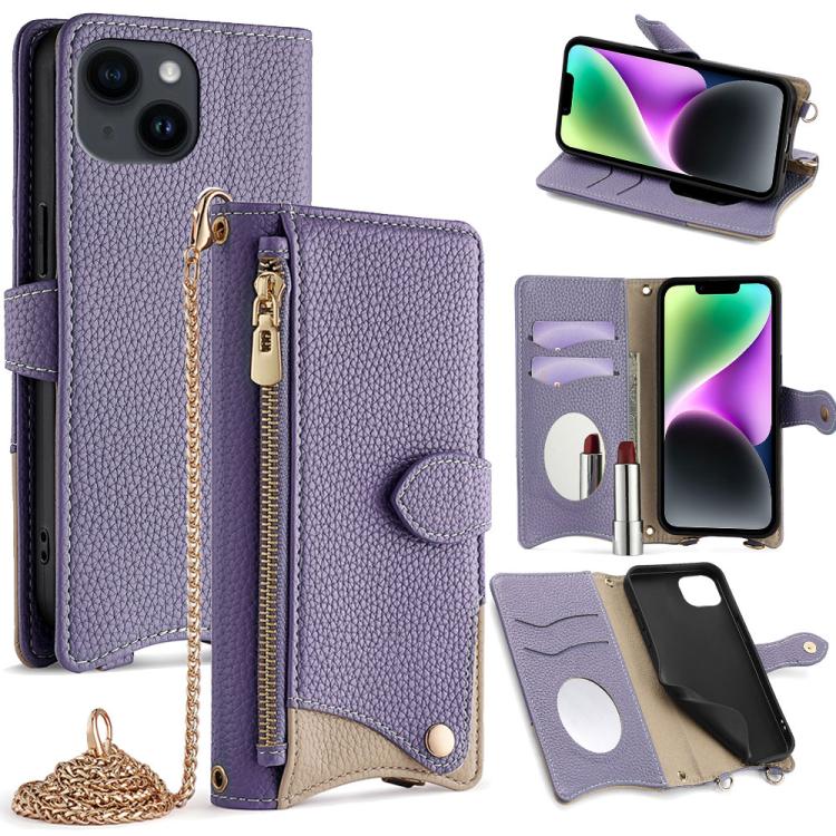 

For iPhone 14 Plus Crossbody Chain Fishtail Litchi Leather Phone Case(Purple)