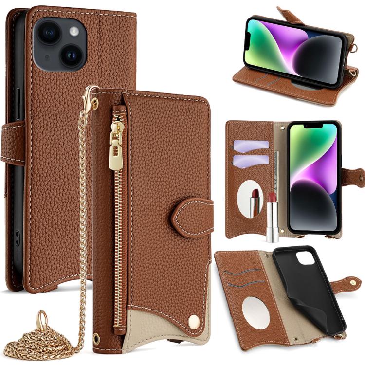 

For iPhone 14 Crossbody Chain Fishtail Litchi Leather Phone Case(Brown)