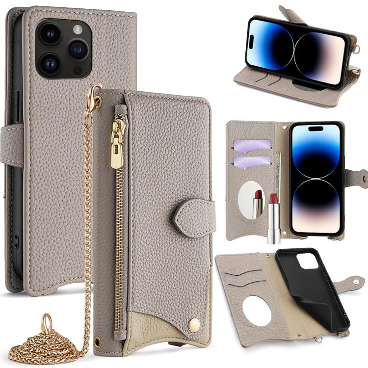 

For iPhone 14 Pro Crossbody Chain Fishtail Litchi Leather Phone Case(Grey)