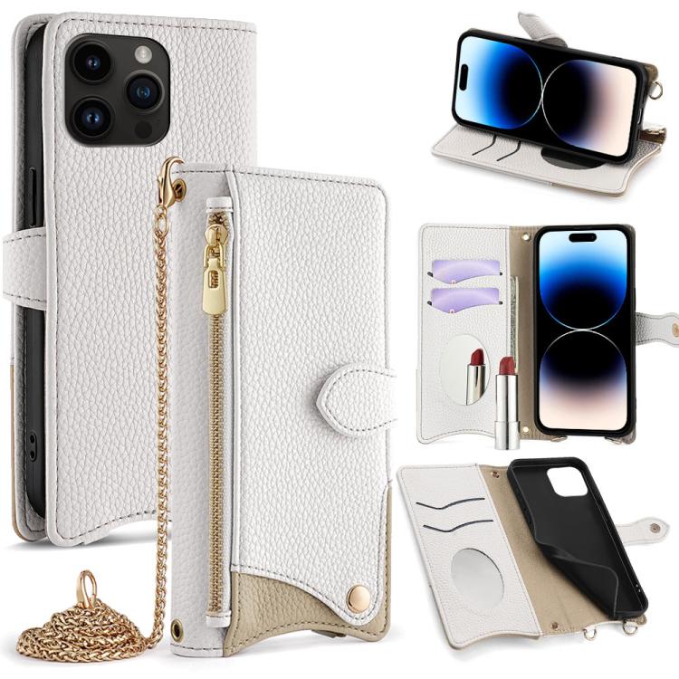 

For iPhone 14 Pro Crossbody Chain Fishtail Litchi Leather Phone Case(White)