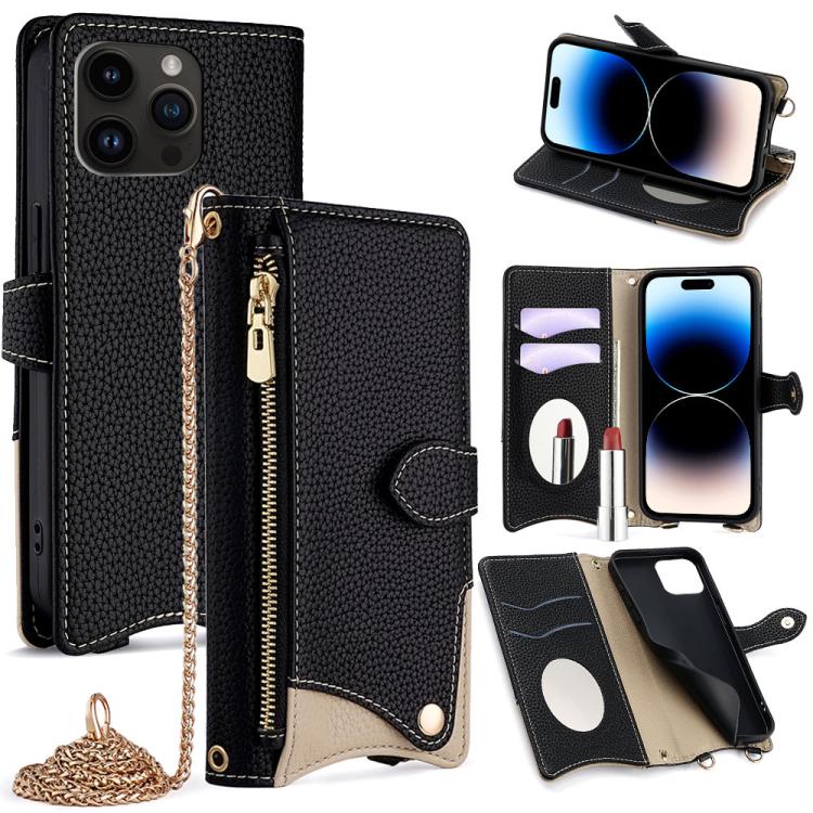 

For iPhone 14 Pro Max Crossbody Chain Fishtail Litchi Leather Phone Case(Black)
