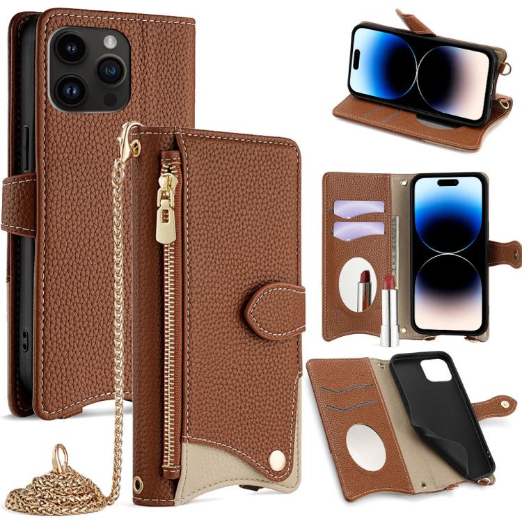 

For iPhone 14 Pro Max Crossbody Chain Fishtail Litchi Leather Phone Case(Brown)