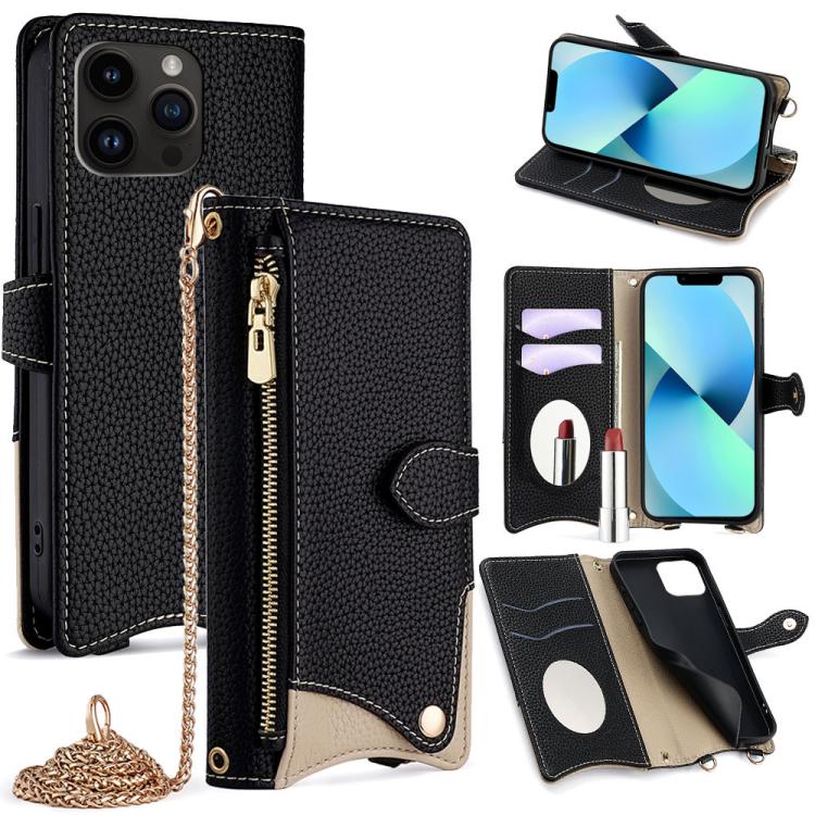 

For iPhone 13 Pro Max Crossbody Chain Fishtail Litchi Leather Phone Case(Black)