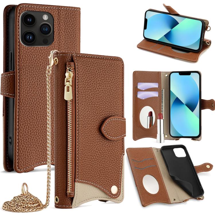 

For iPhone 13 Pro Max Crossbody Chain Fishtail Litchi Leather Phone Case(Brown)