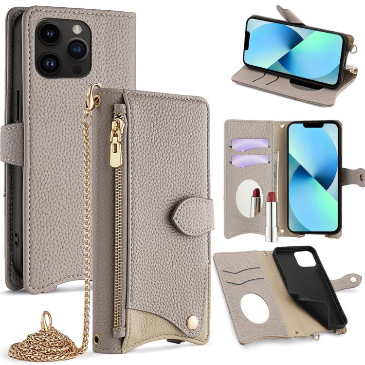 

For iPhone 13 Pro Max Crossbody Chain Fishtail Litchi Leather Phone Case(Grey)