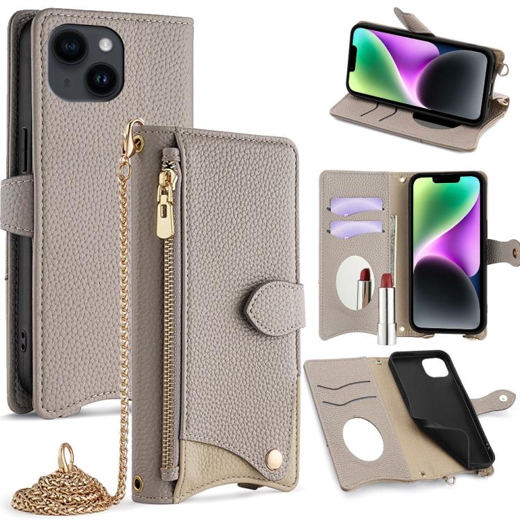 

For iPhone 13 Crossbody Chain Fishtail Litchi Leather Phone Case(Grey)