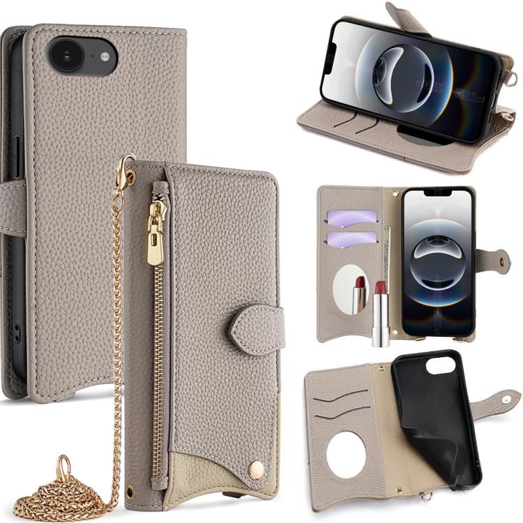 

For iPhone 16e Crossbody Chain Fishtail Litchi Leather Phone Case(Grey)