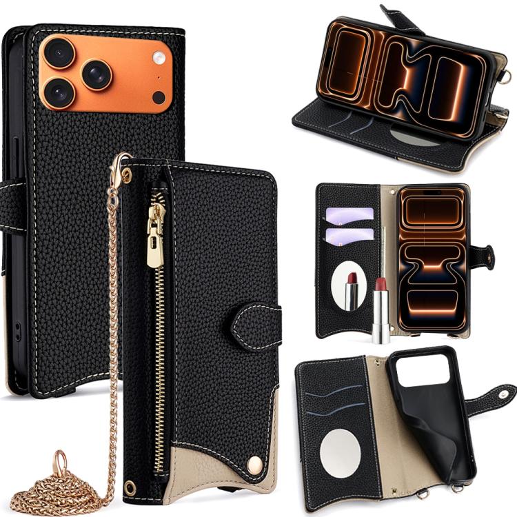 

For iPhone 17 Pro Max Crossbody Chain Fishtail Litchi Leather Phone Case(Black)