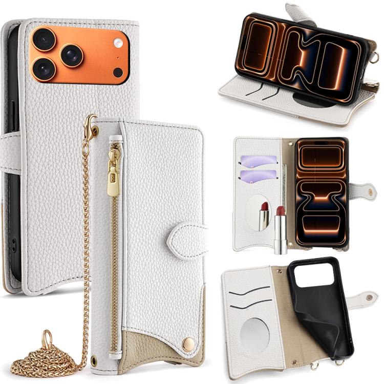 

For iPhone 17 Pro Max Crossbody Chain Fishtail Litchi Leather Phone Case(White)