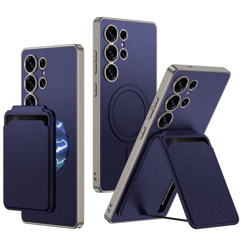 

For Samsung Galaxy S25 Ultra 5G GKK Metal Paint Skin Feel Leather Crad Bag MagSafe Phone Case With Holder(Purple)