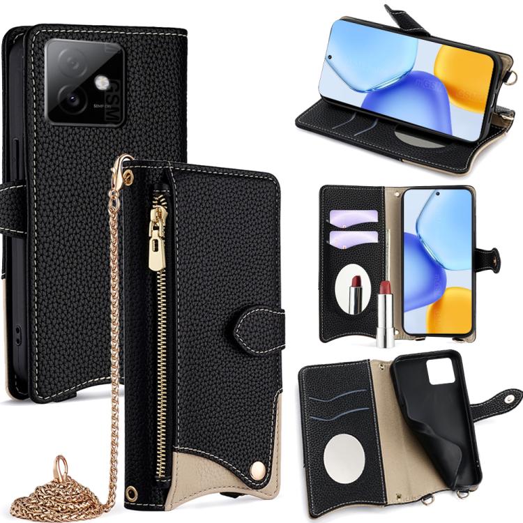 

For Honor X60 GT Crossbody Chain Fishtail Litchi Leather Phone Case(Black)