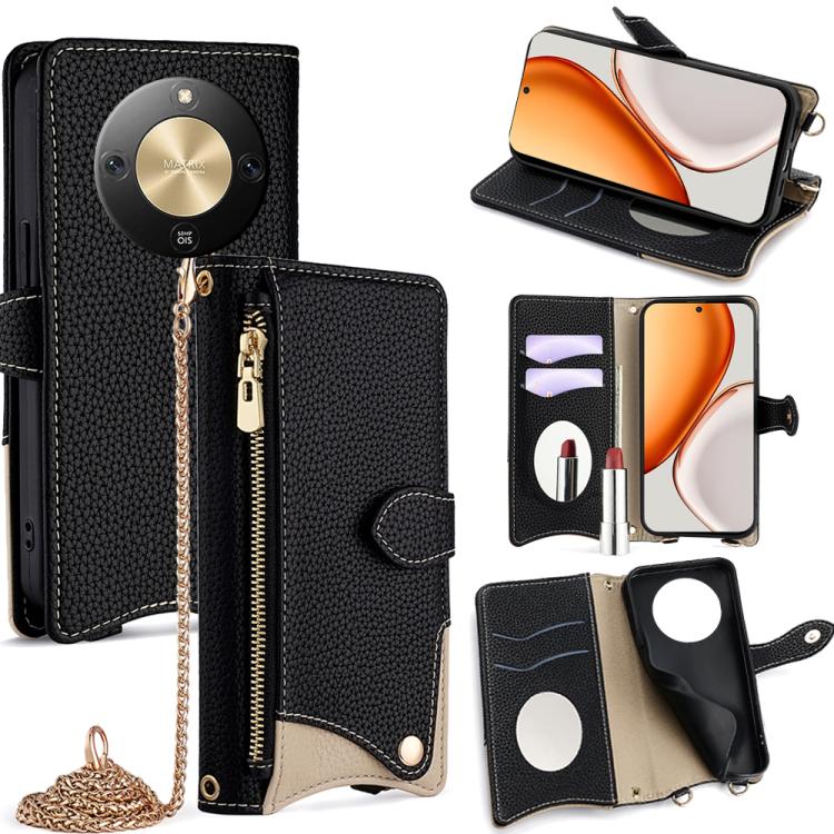 

For Honor X70 5G Crossbody Chain Fishtail Litchi Leather Phone Case(Black)