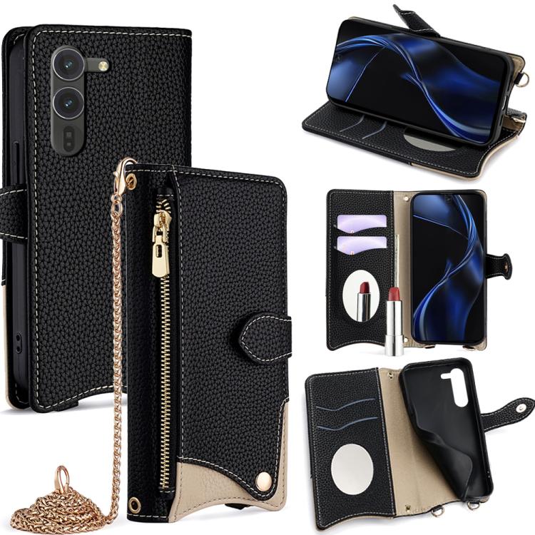 

For Fujitsu Arrows Alpha F-51F Crossbody Chain Fishtail Litchi Leather Phone Case(Black)
