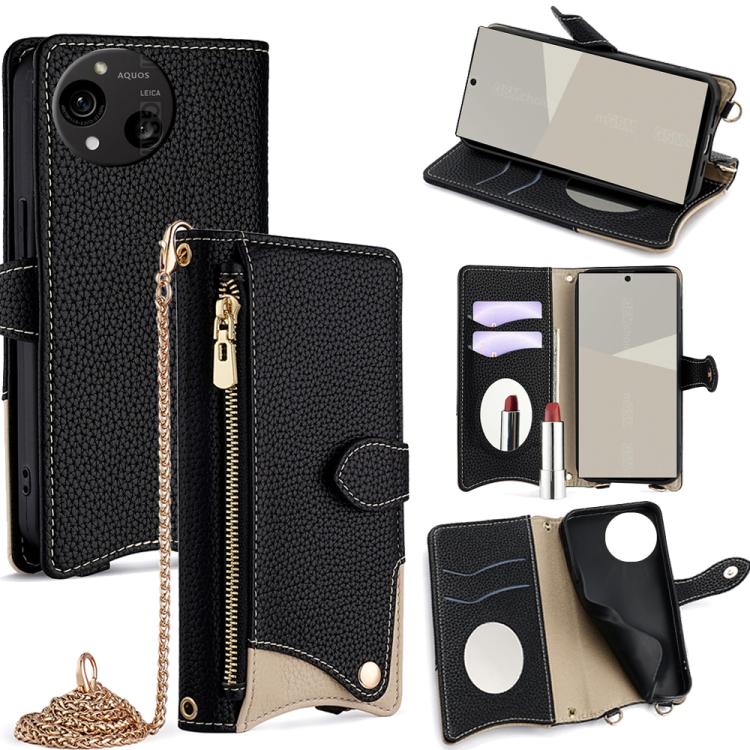 

For Sharp Aquos R10 Crossbody Chain Fishtail Litchi Leather Phone Case(Black)