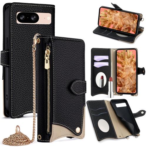 

For Google Pixel 8 Crossbody Chain Fishtail Litchi Leather Phone Case(Black)