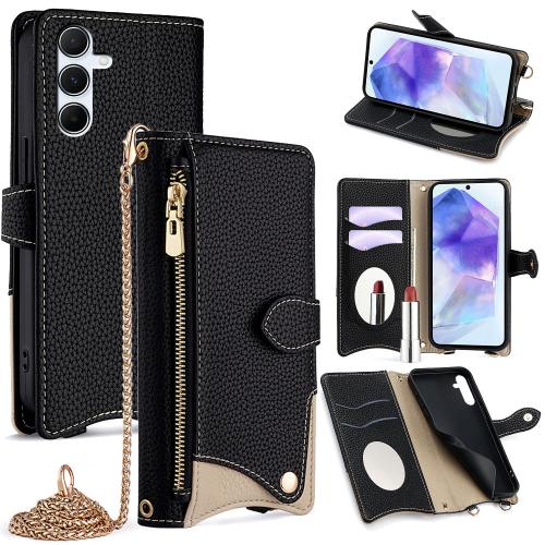 

For Samsung Galaxy A55 5G Crossbody Chain Fishtail Litchi Leather Phone Case(Black)