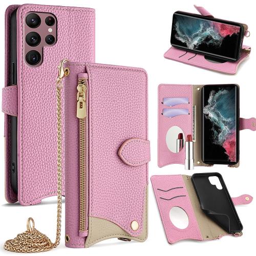 

For Samsung Galaxy S22 Ultra 5G Crossbody Chain Fishtail Litchi Leather Phone Case(Pink)