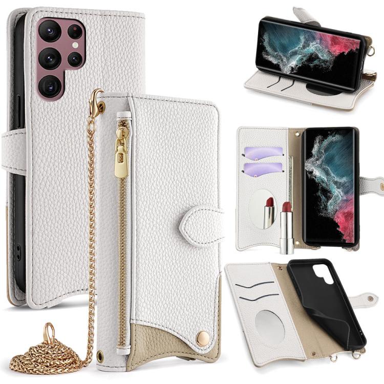 

For Samsung Galaxy S22 Ultra 5G Crossbody Chain Fishtail Litchi Leather Phone Case(White)