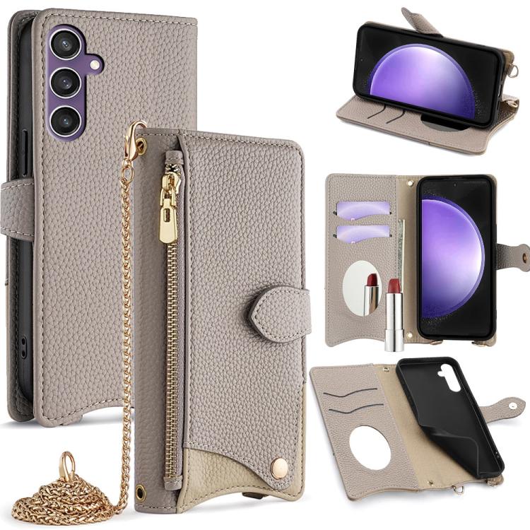 

For Samsung Galaxy S23 FE 5G Crossbody Chain Fishtail Litchi Leather Phone Case(Grey)