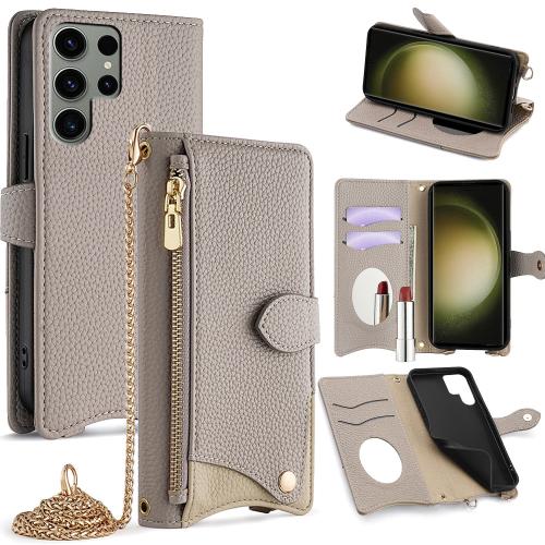 

For Samsung Galaxy S23 Ultra 5G Crossbody Chain Fishtail Litchi Leather Phone Case(Grey)