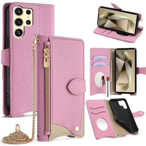 

For Samsung Galaxy S25 Ultra 5G Crossbody Chain Fishtail Litchi Leather Phone Case(Pink)