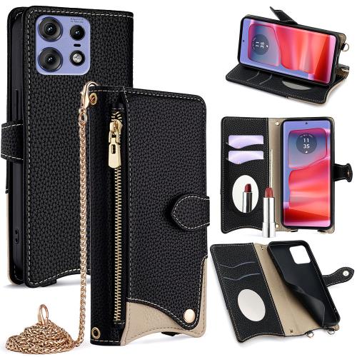 

For Motorola Edge 50 Pro Crossbody Chain Fishtail Litchi Leather Phone Case(Black)