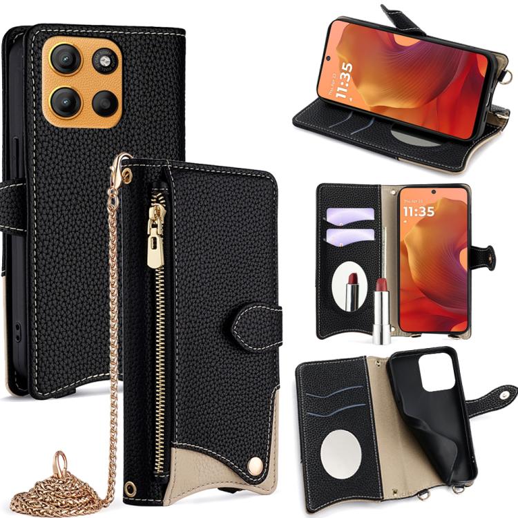 

For Motorola Moto G15 / G15 Power Crossbody Chain Fishtail Litchi Leather Phone Case(Black)