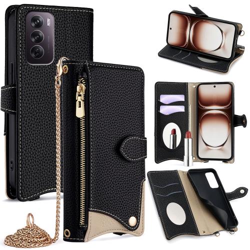 

For OPPO Reno12 Global Crossbody Chain Fishtail Litchi Leather Phone Case(Black)