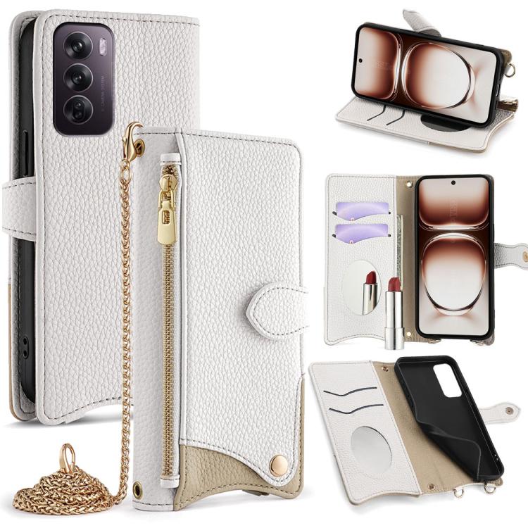 

For OPPO Reno12 Global Crossbody Chain Fishtail Litchi Leather Phone Case(White)