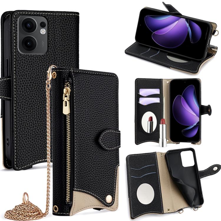 

For OPPO Reno13 F 4G / 5G Crossbody Chain Fishtail Litchi Leather Phone Case(Black)