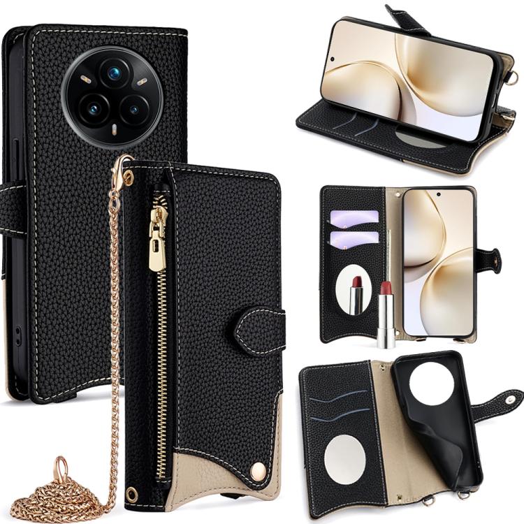 

For Realme 14 Pro+ Crossbody Chain Fishtail Litchi Leather Phone Case(Black)
