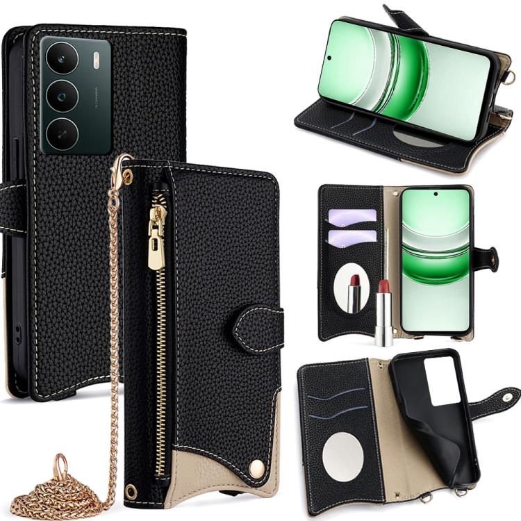

For Realme C71 4G Crossbody Chain Fishtail Litchi Leather Phone Case(Black)