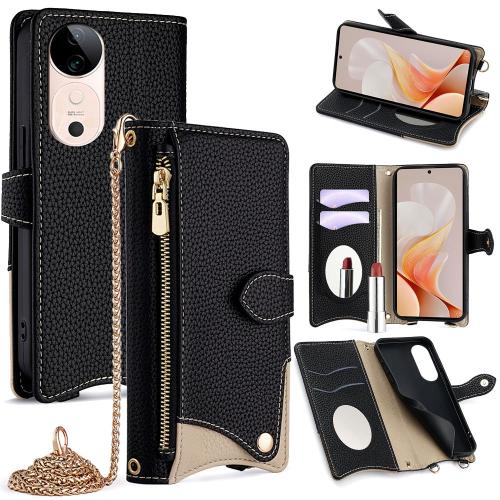 

For vivo S19 Crossbody Chain Fishtail Litchi Leather Phone Case(Black)