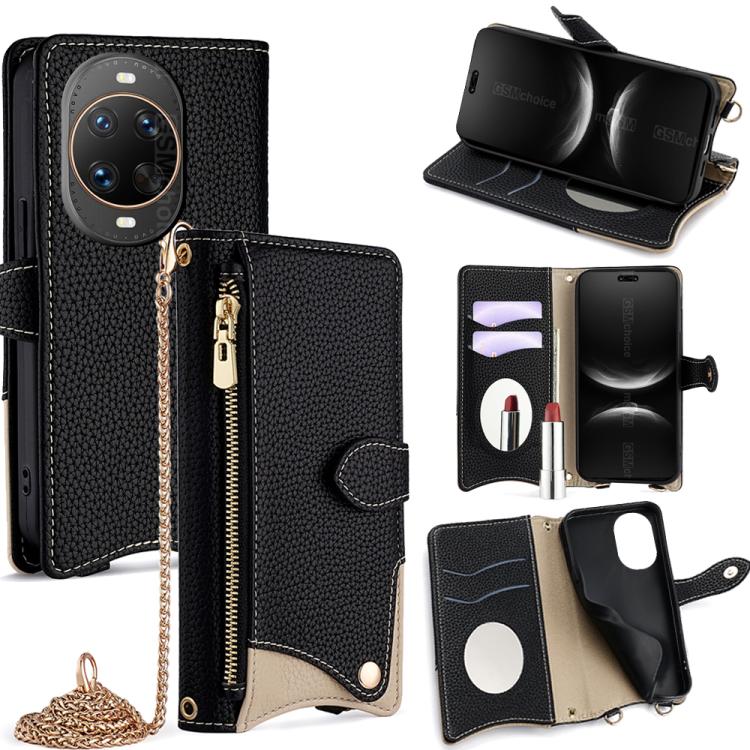

For Huawei nova 14 Ultra Crossbody Chain Fishtail Litchi Leather Phone Case(Black)