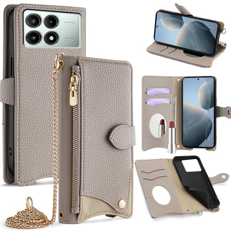

For Redmi K70E / Xiaomi Poco X6 Pro Crossbody Chain Fishtail Litchi Leather Phone Case(Grey)