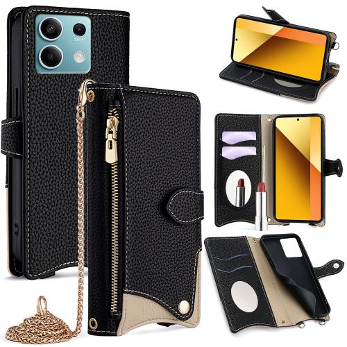 

For Redmi Note 13 4G Crossbody Chain Fishtail Litchi Leather Phone Case(Black)