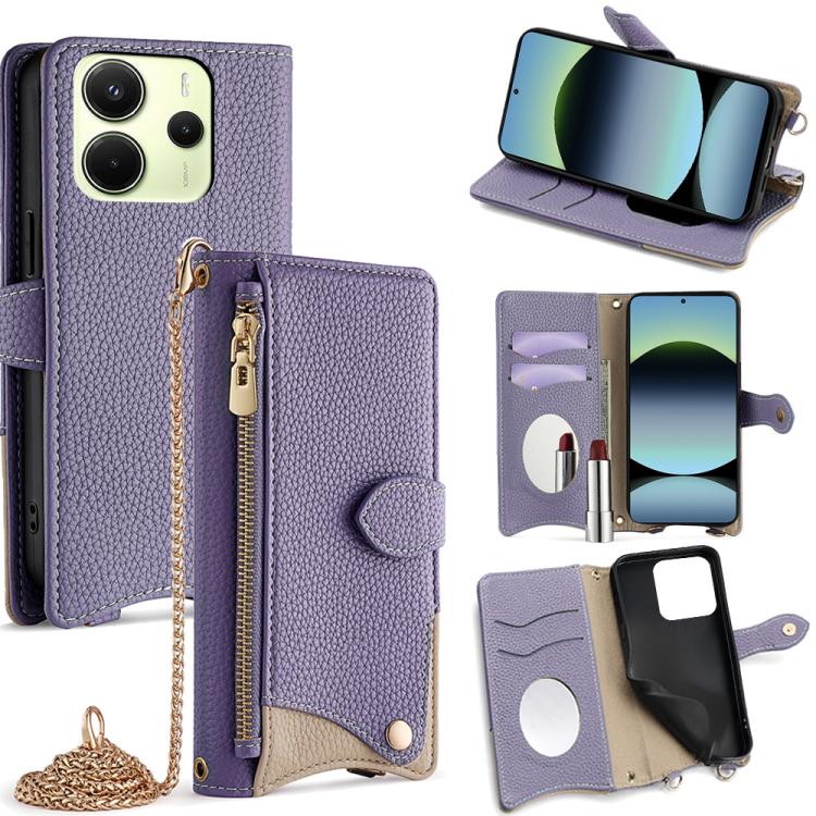 

For Redmi Note 14 4G 163.25mm Crossbody Chain Fishtail Litchi Leather Phone Case(Purple)