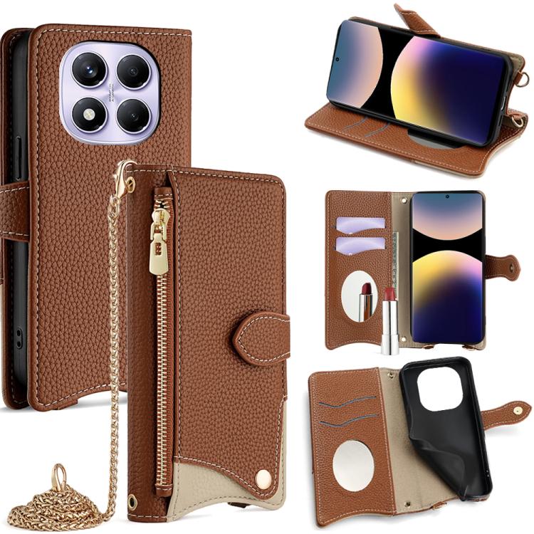 

For Redmi Note 14 Pro 4G Crossbody Chain Fishtail Litchi Leather Phone Case(Brown)